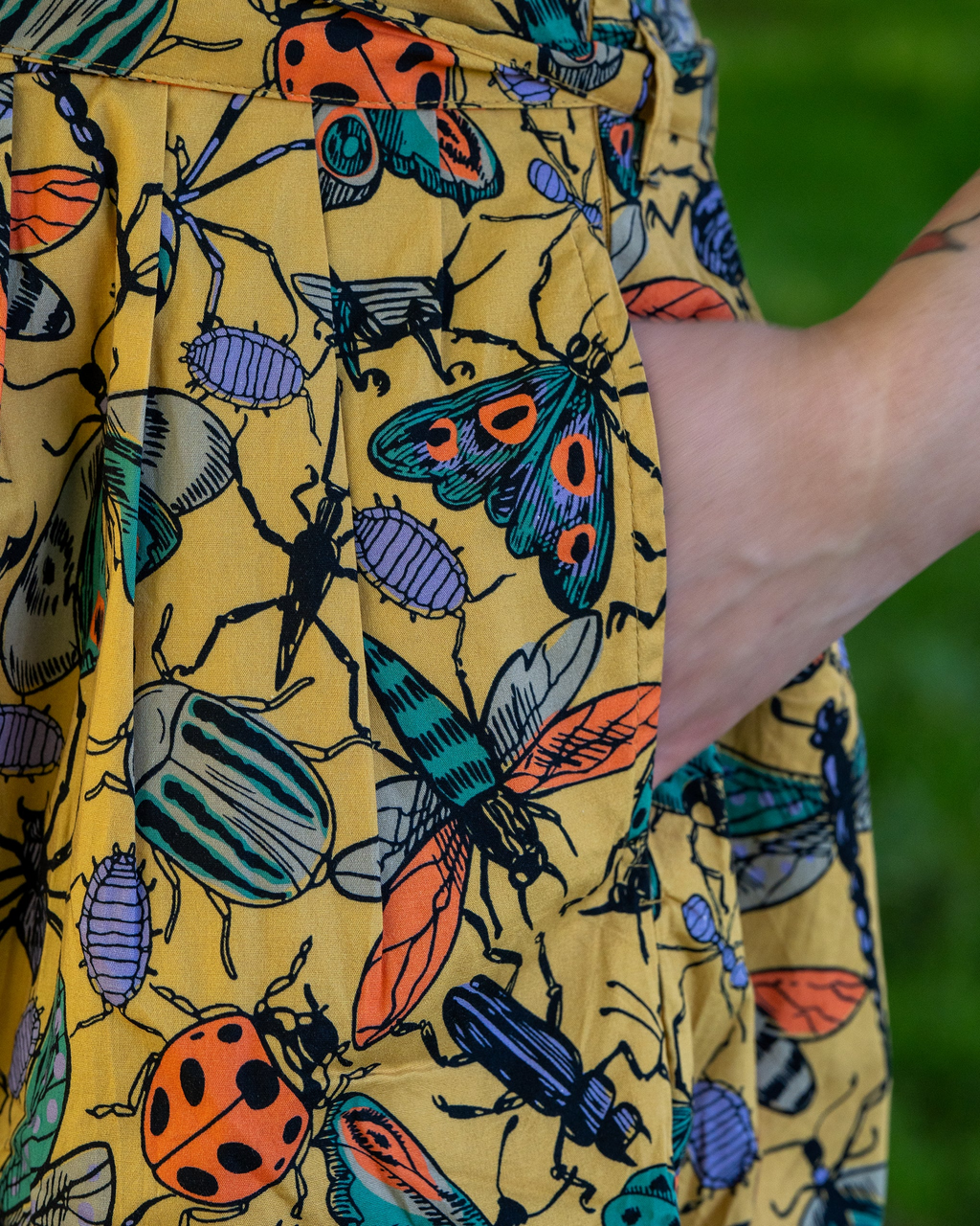 Mustard Beasties Print Cotton Tea Dress with Pockets by Run and Fly