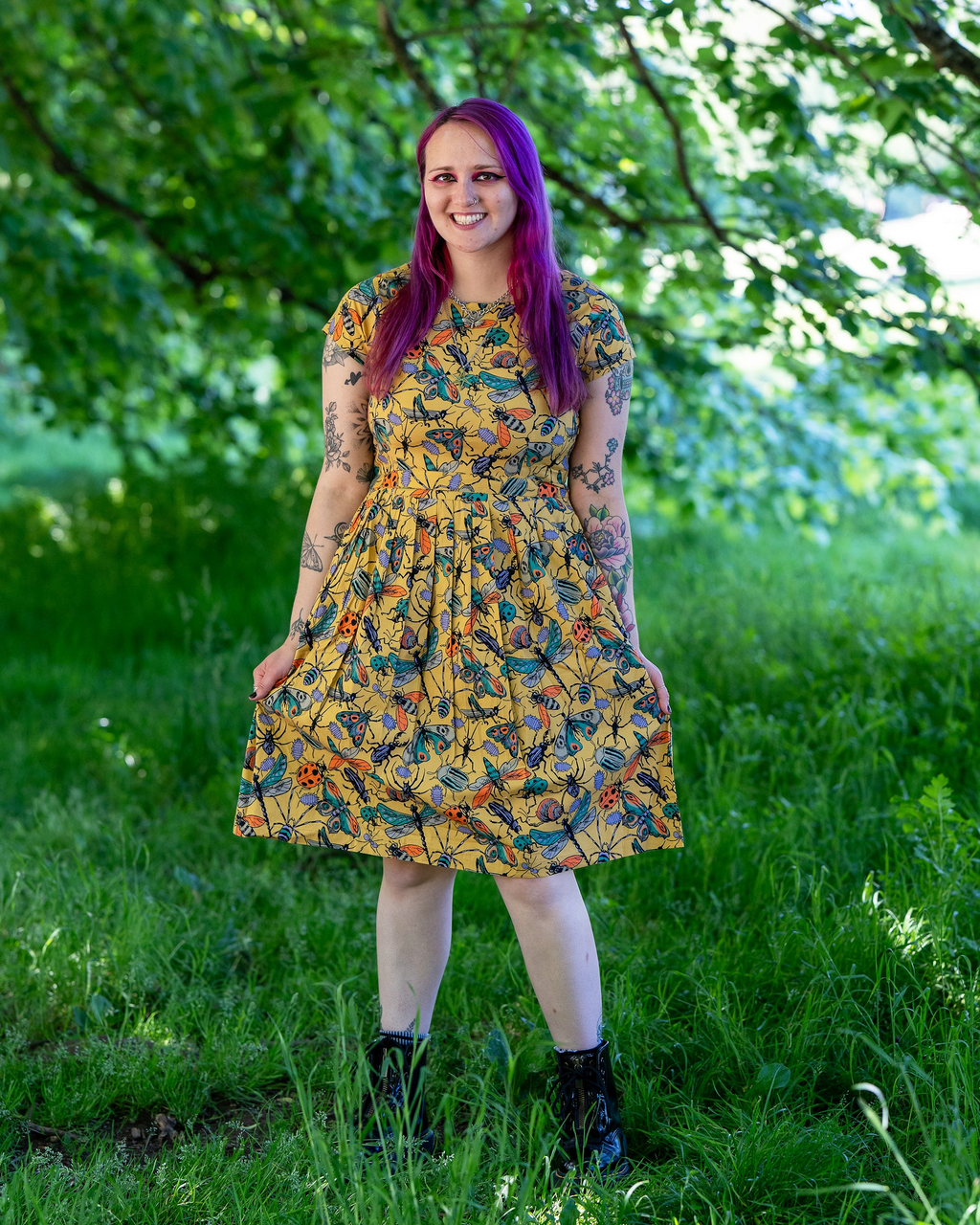 Mustard Beasties Print Cotton Tea Dress with Pockets by Run and Fly