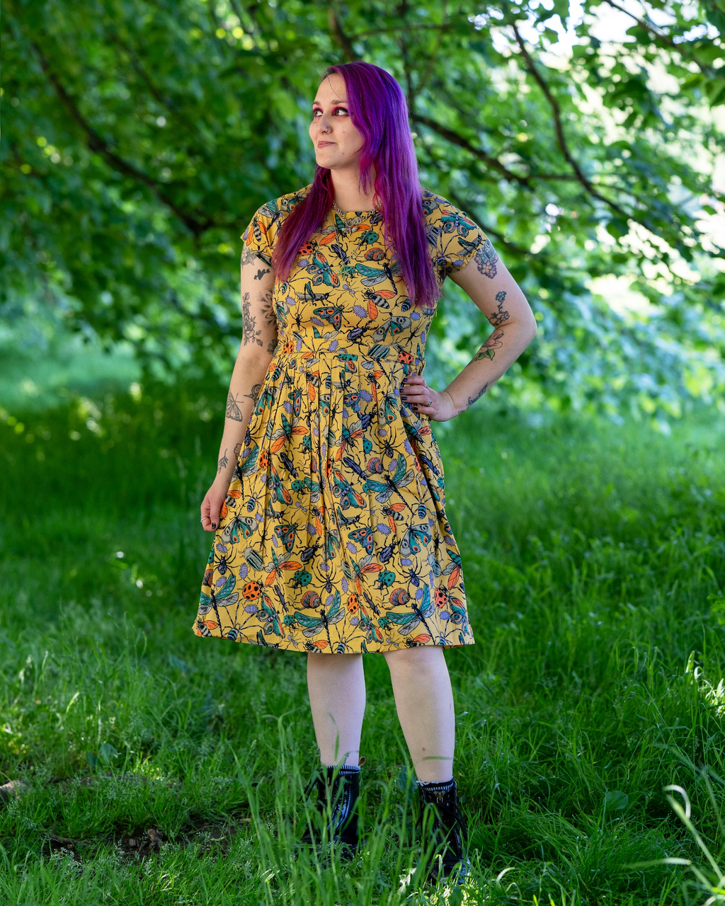 Mustard Beasties Print Cotton Tea Dress with Pockets by Run and Fly