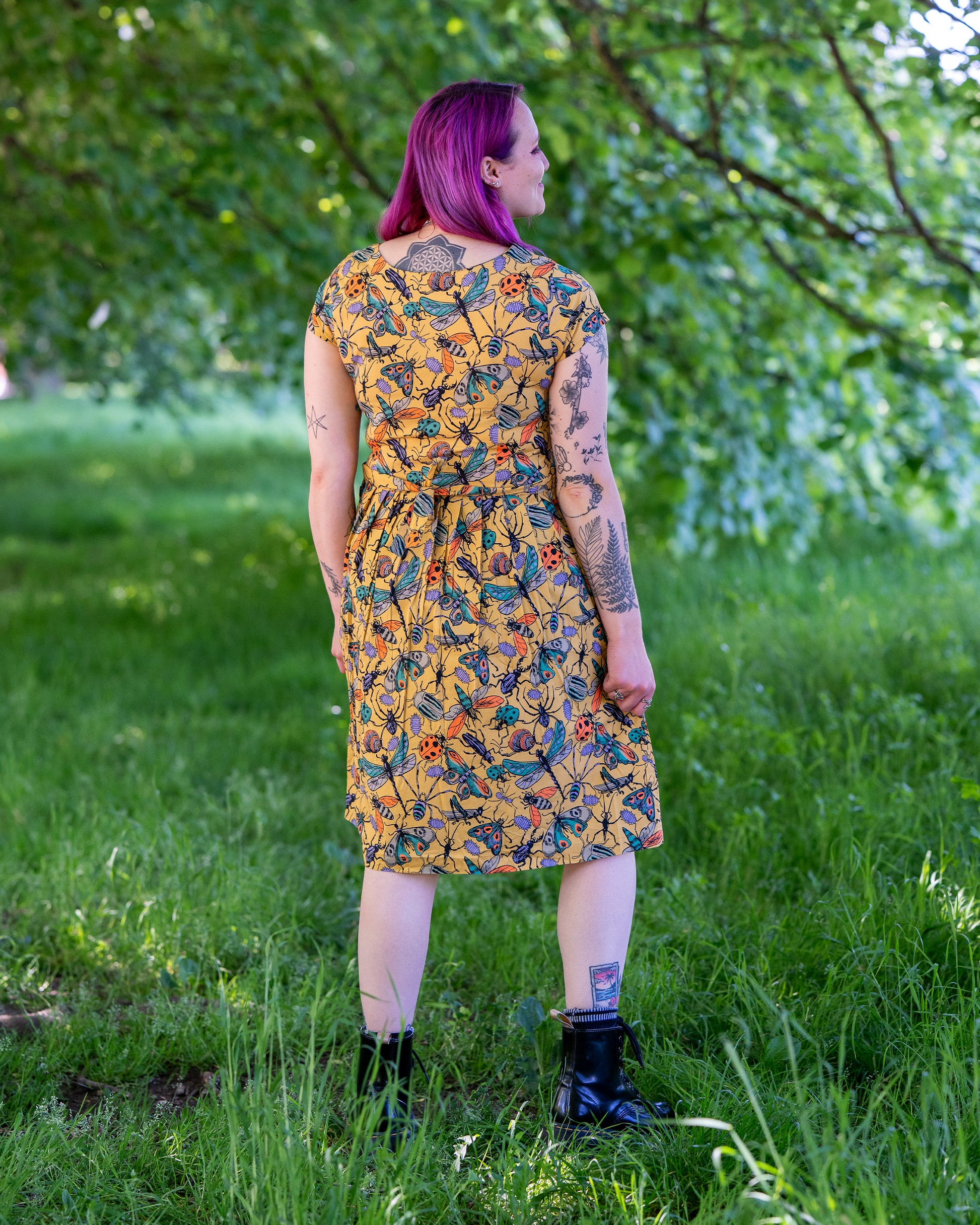Mustard Beasties Print Cotton Tea Dress with Pockets by Run and Fly