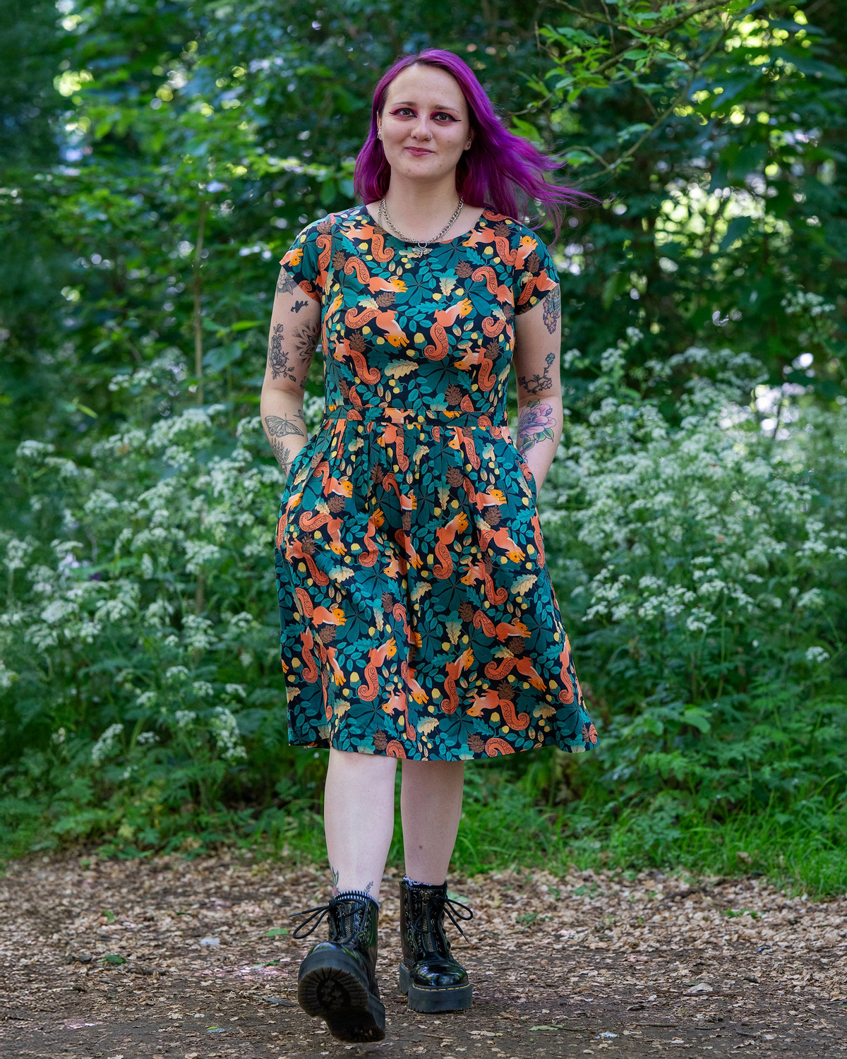 Acorn Adventure Squirrel Print Cotton Tea Dress with Pockets by Run and Fly