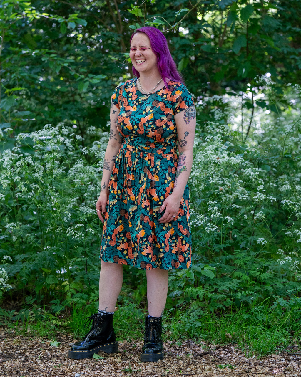 Acorn Adventure Squirrel Print Cotton Tea Dress with Pockets by Run and Fly