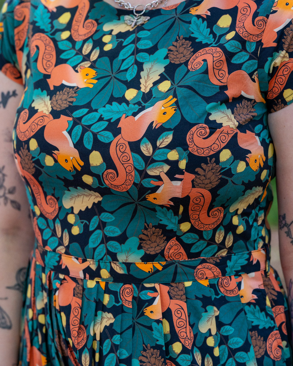 Acorn Adventure Squirrel Print Cotton Tea Dress with Pockets by Run and Fly