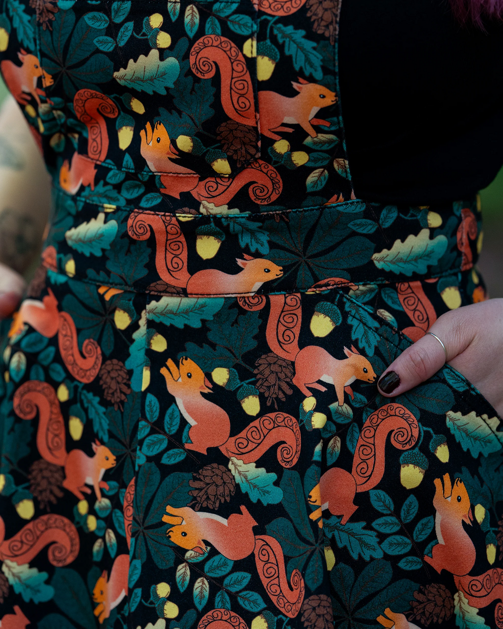 Run and Fly Acorn Adventure Squirrel Print Flared Pinafore Dress