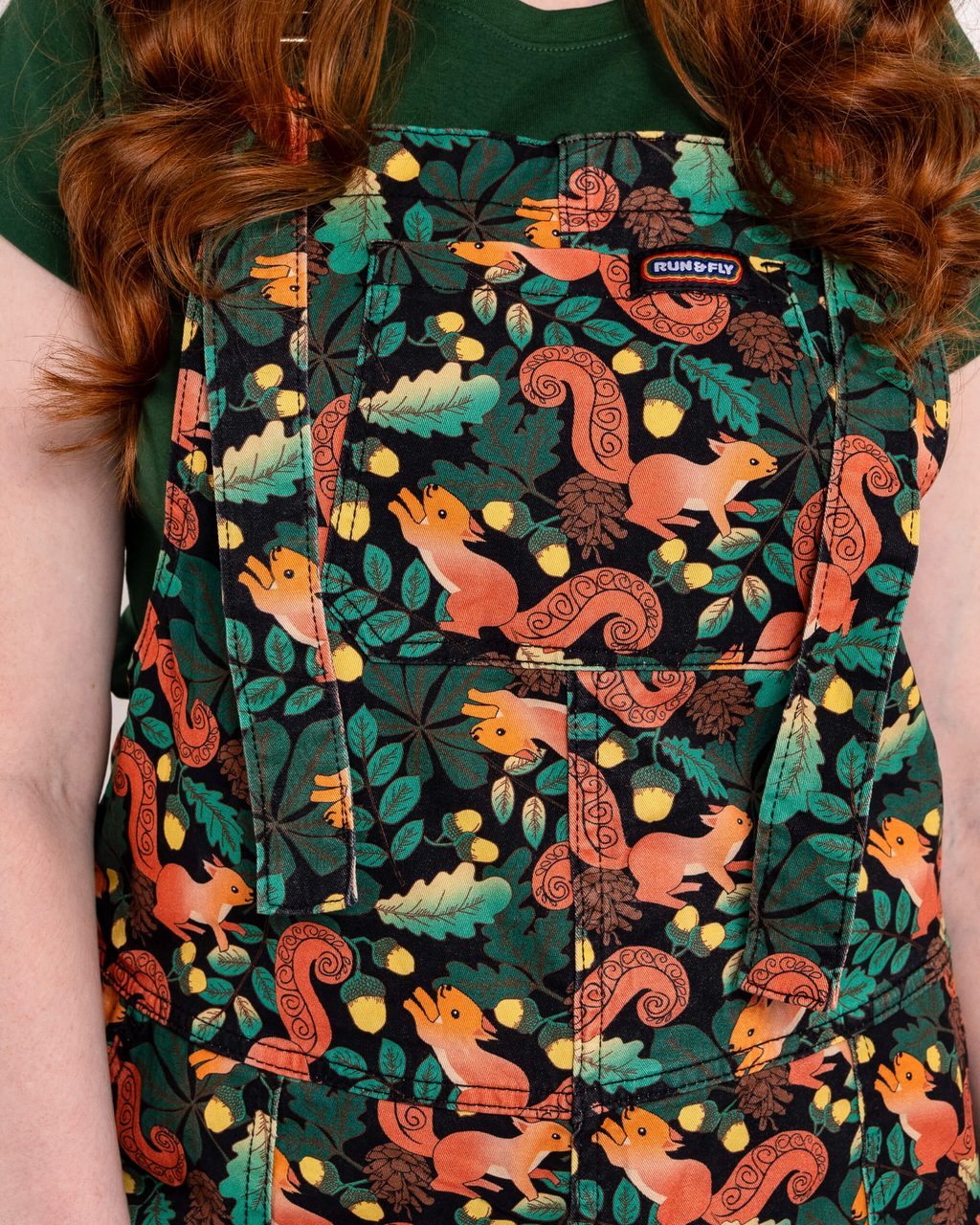 Acorn Adventure Squirrel Print Stretch Twill Dungarees by Run and Fly