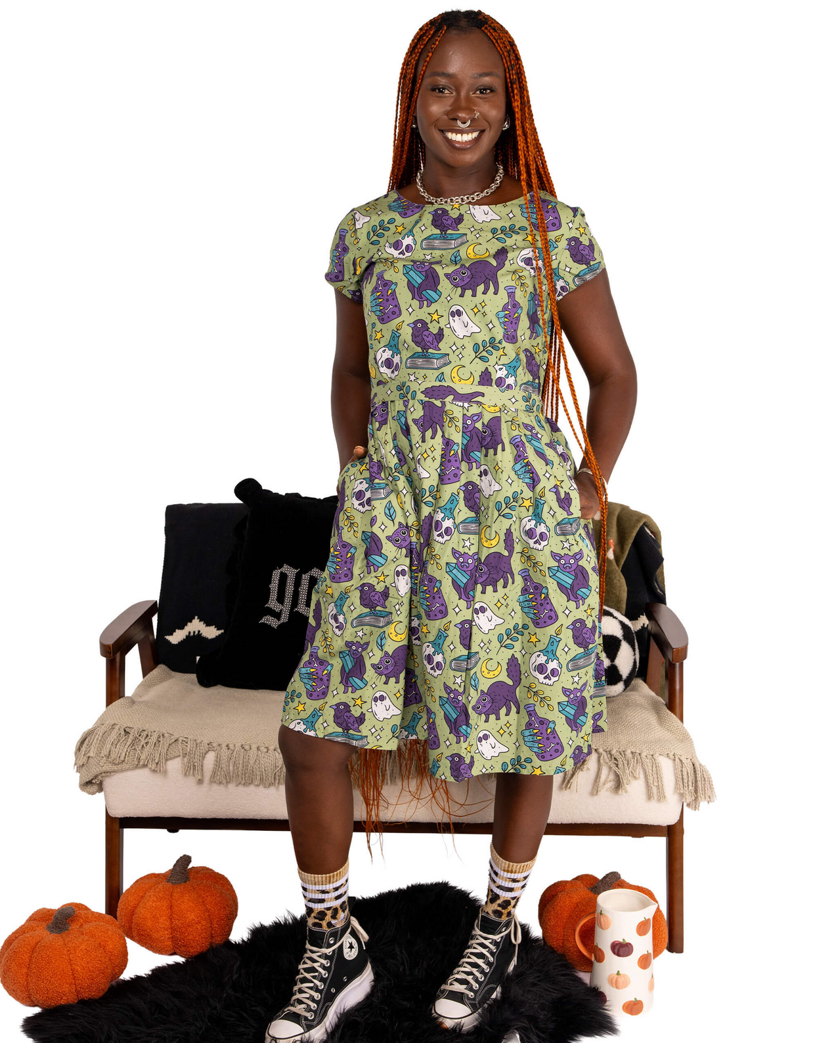 Mint Cool Spooks Print Cotton Tea Dress with Pockets by Run and Fly