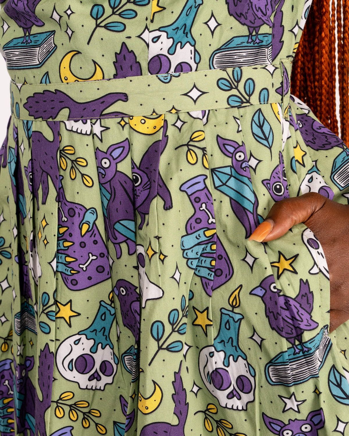 Mint Cool Spooks Print Cotton Tea Dress with Pockets by Run and Fly