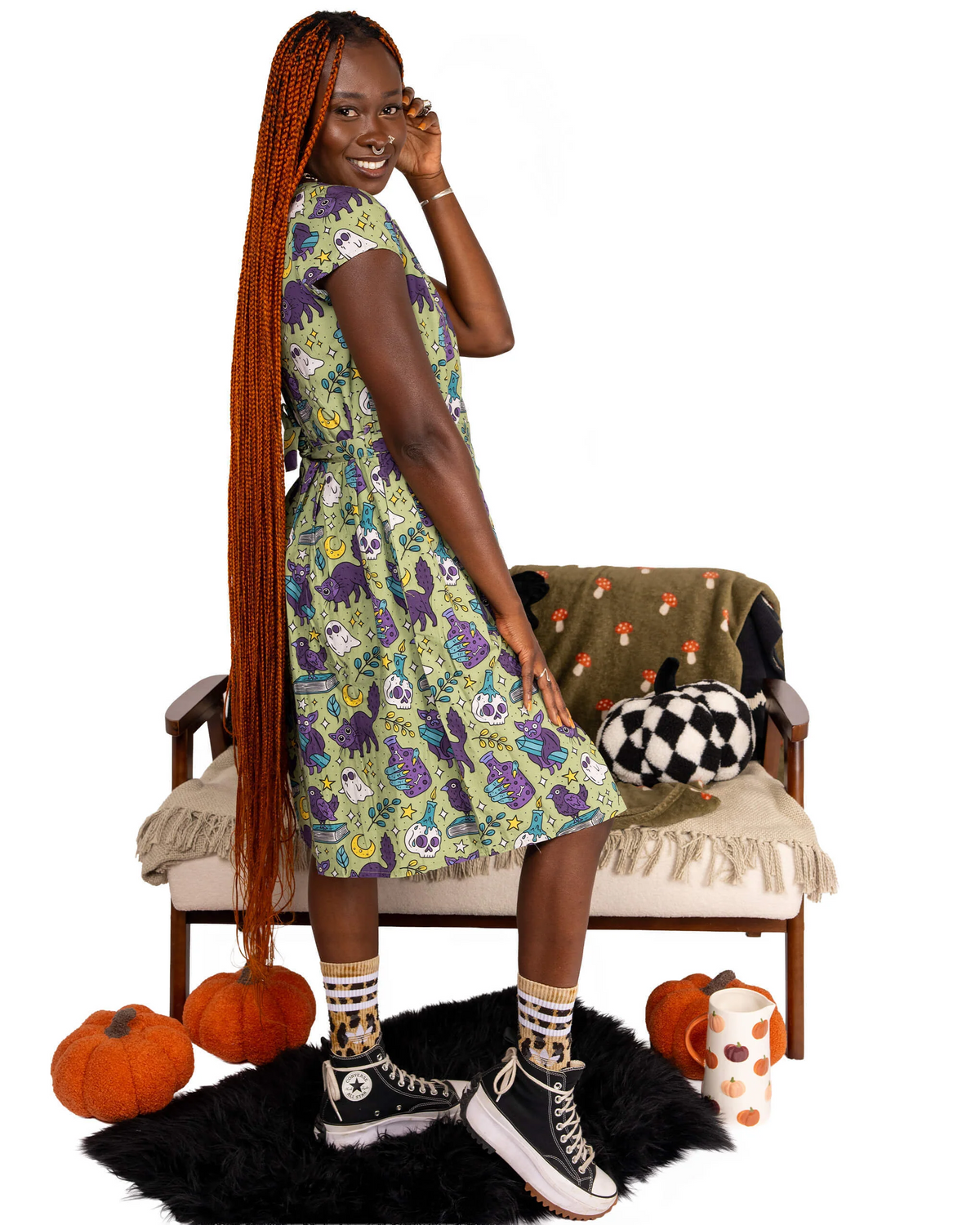 Mint Cool Spooks Print Cotton Tea Dress with Pockets by Run and Fly
