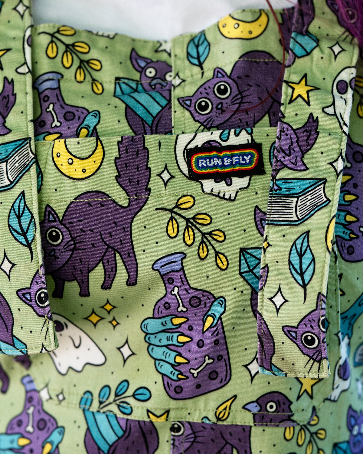 Mint Cool Spooks Print Stretch Twill Dungarees by Run and Fly