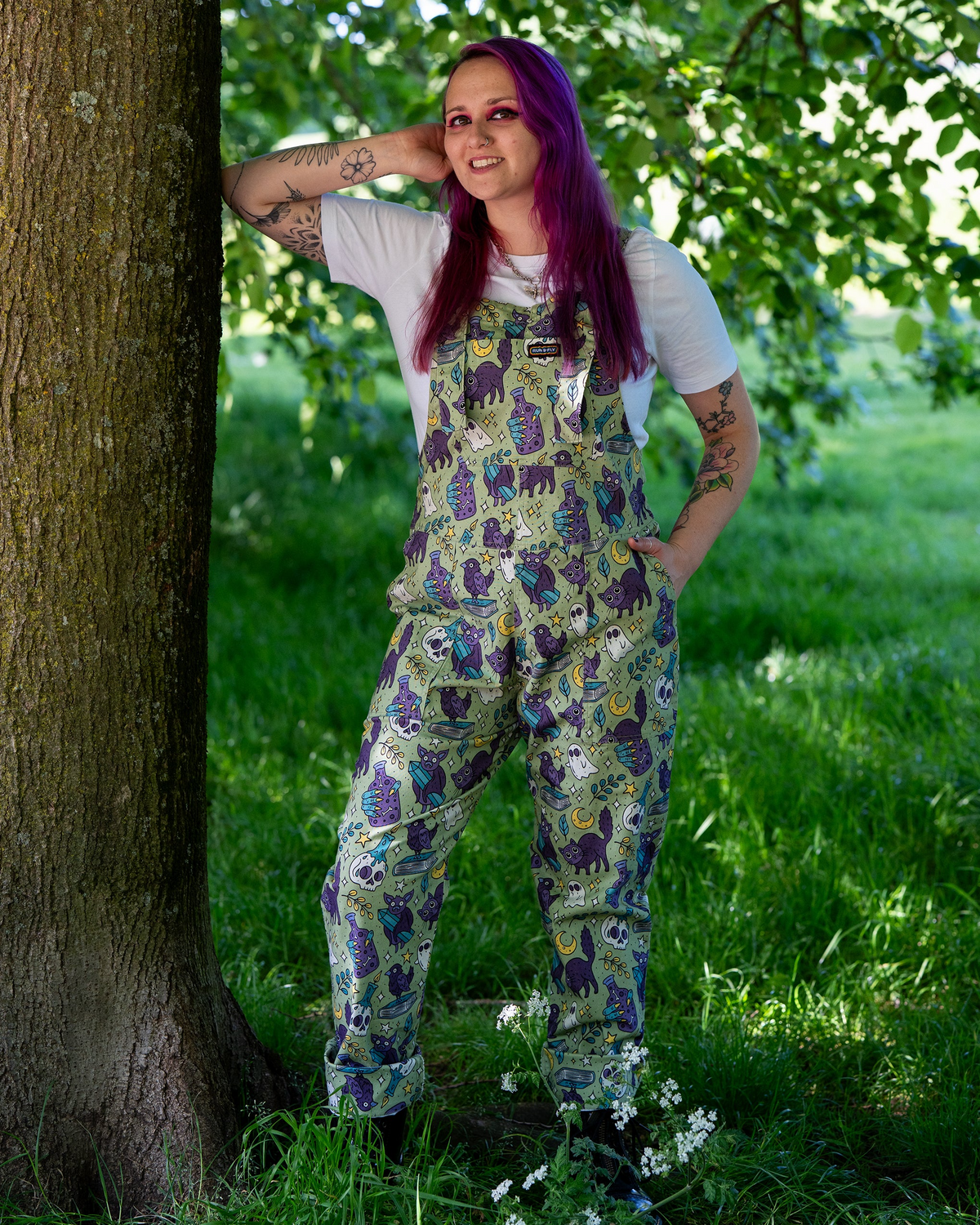Mint Cool Spooks Print Stretch Twill Dungarees by Run and Fly