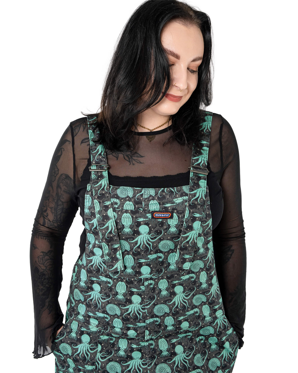 Green Seas Print Stretch Twill Dungarees by Run and Fly