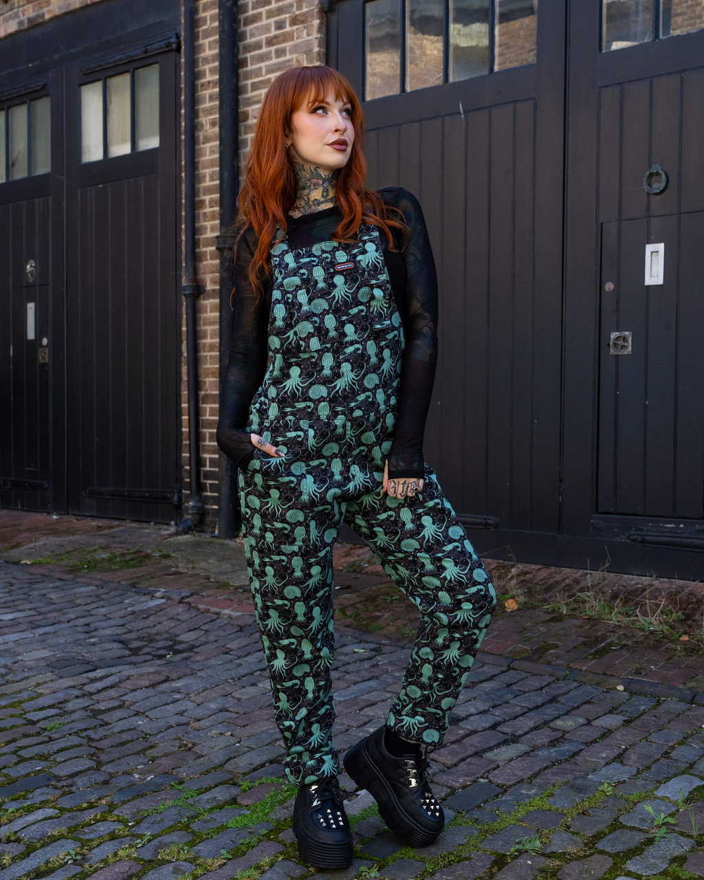 Green Seas Print Stretch Twill Dungarees by Run and Fly