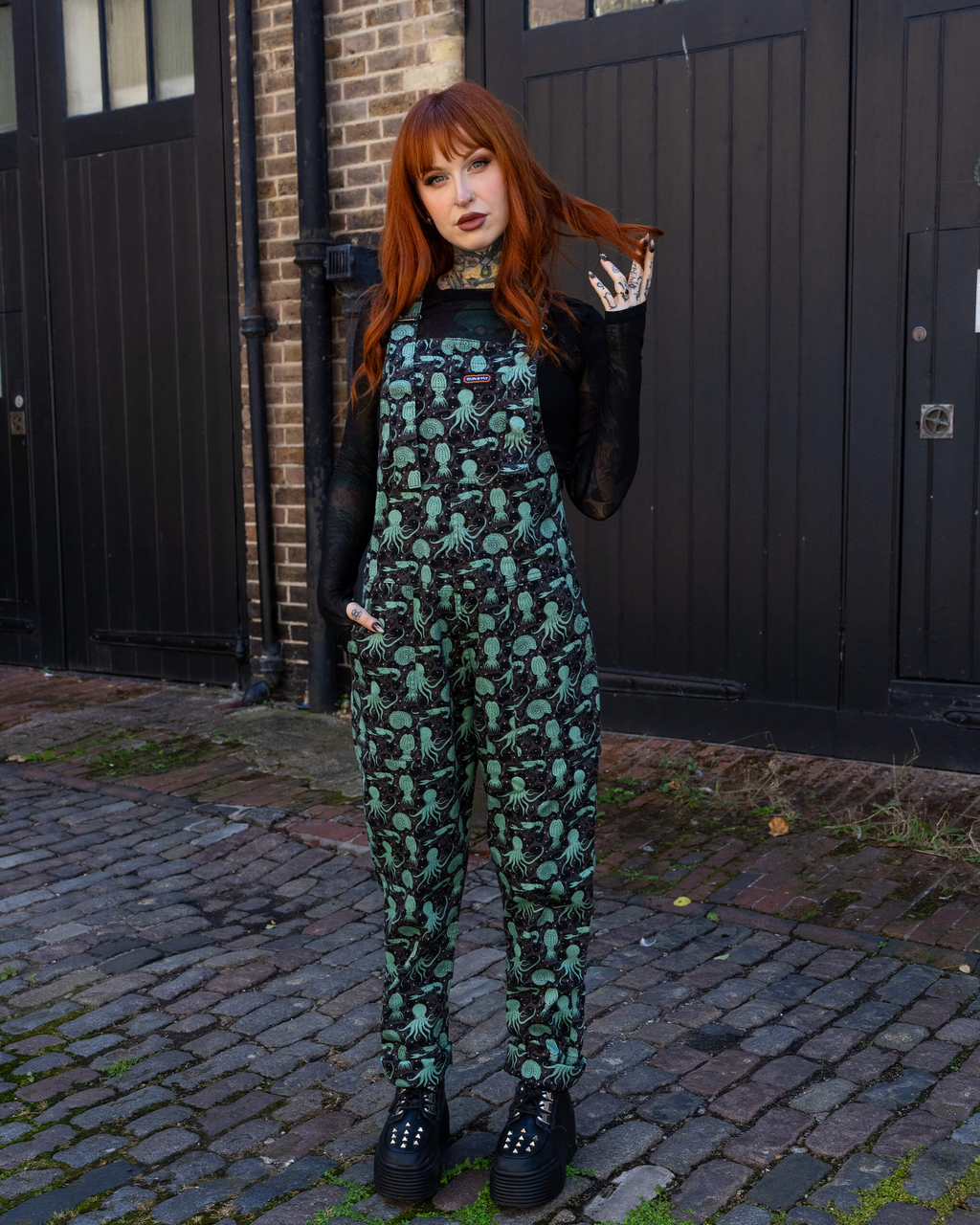 Green Seas Print Stretch Twill Dungarees by Run and Fly