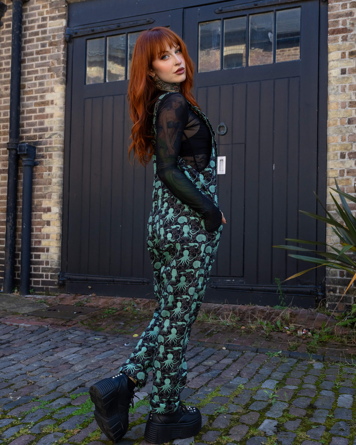 Green Seas Print Stretch Twill Dungarees by Run and Fly