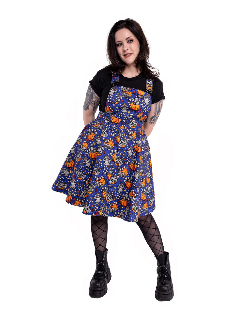 Run and Fly Pumpkin Raccoons Print Flared Pinafore Dress