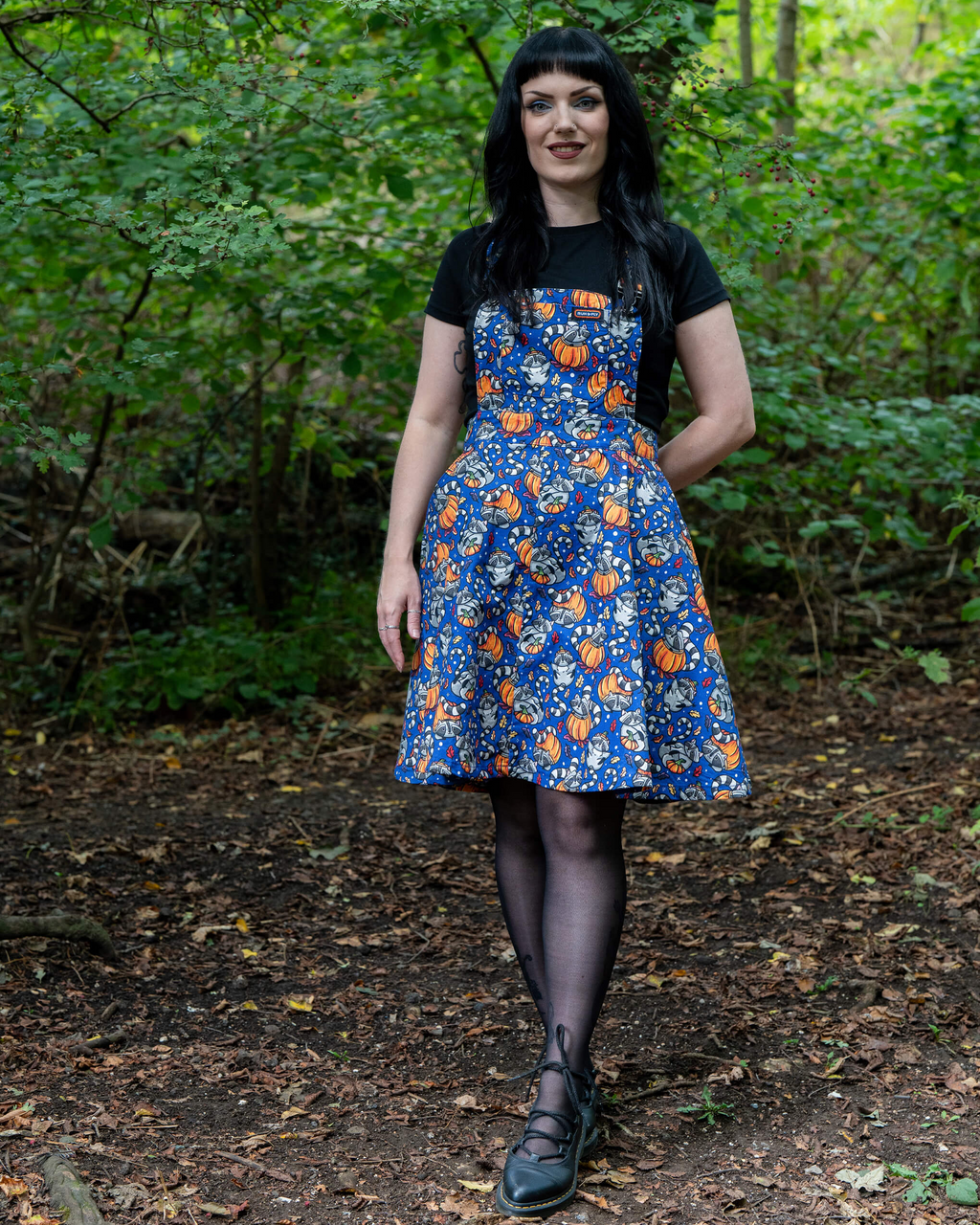 Run and Fly Pumpkin Raccoons Print Flared Pinafore Dress