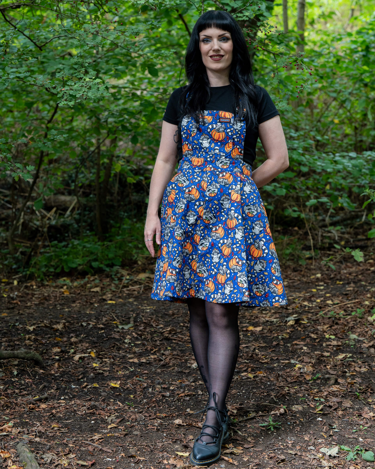 Run and Fly Pumpkin Raccoons Print Flared Pinafore Dress