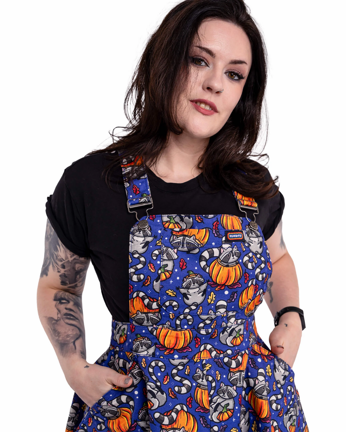 Run and Fly Pumpkin Raccoons Print Flared Pinafore Dress