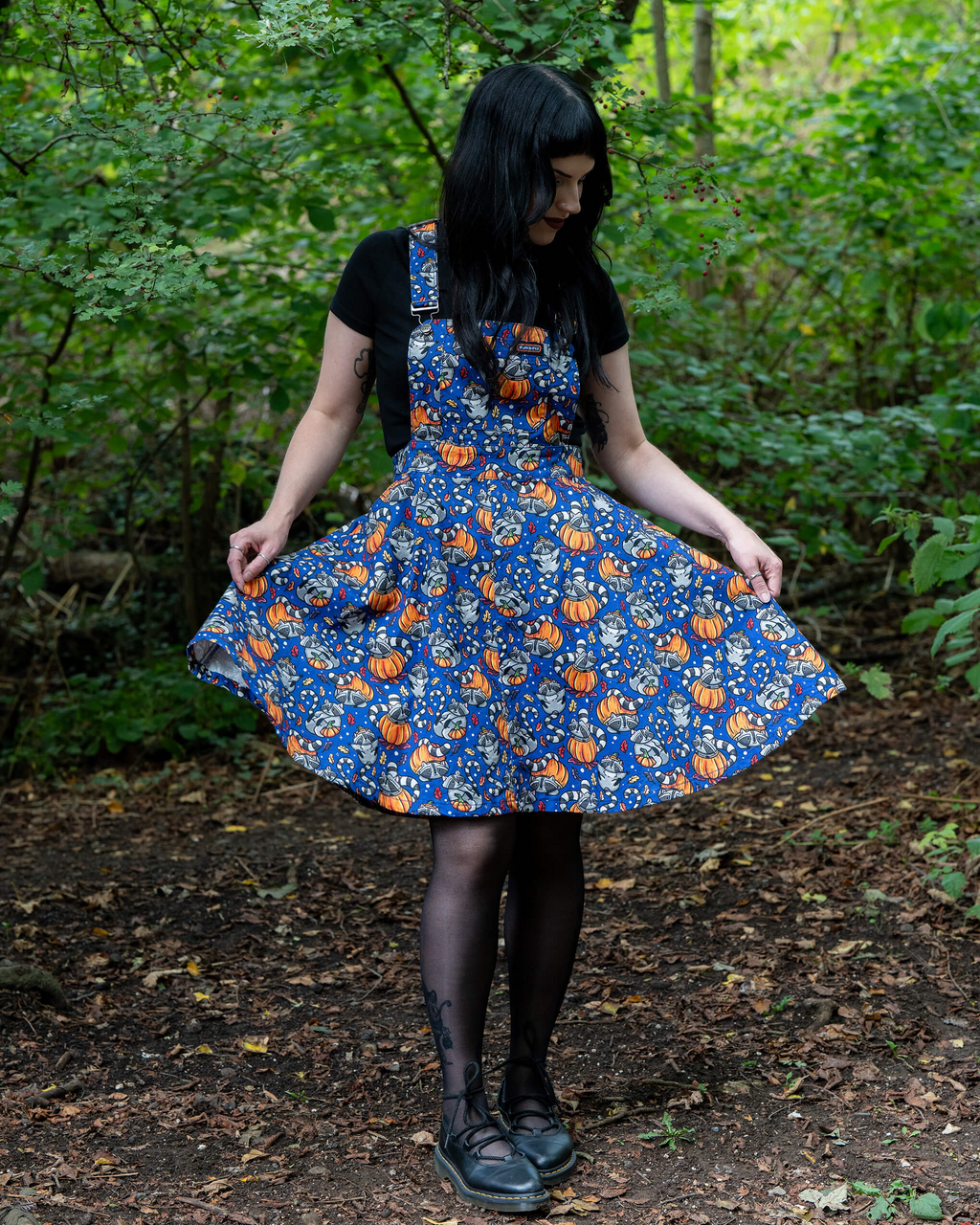 Run and Fly Pumpkin Raccoons Print Flared Pinafore Dress