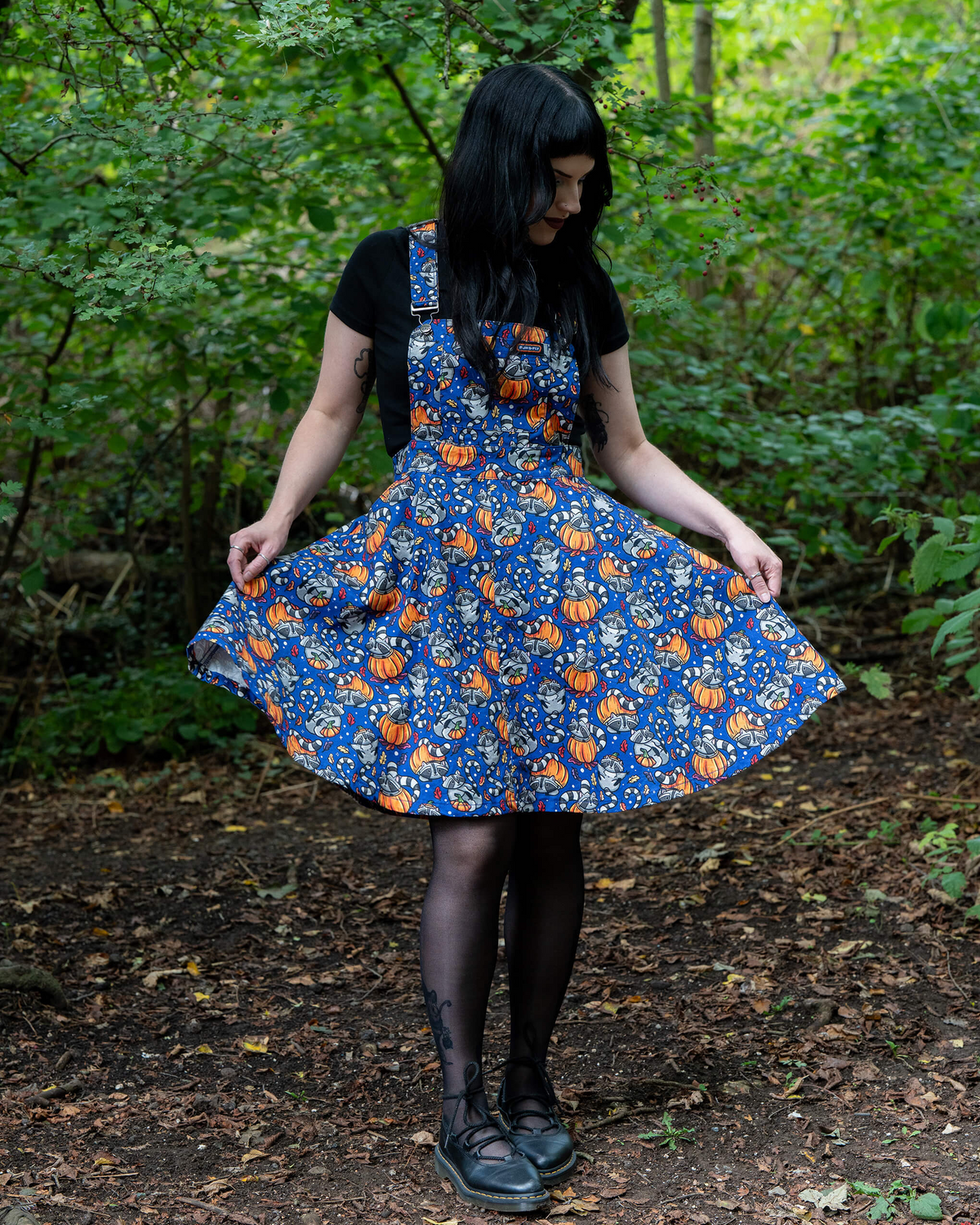 Run and Fly Pumpkin Raccoons Print Flared Pinafore Dress