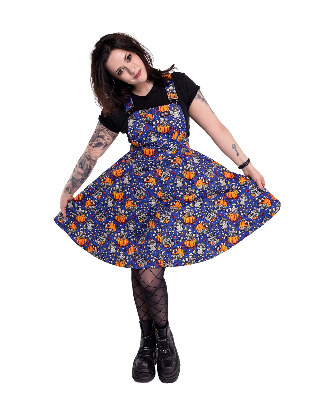 Run and Fly Pumpkin Raccoons Print Flared Pinafore Dress