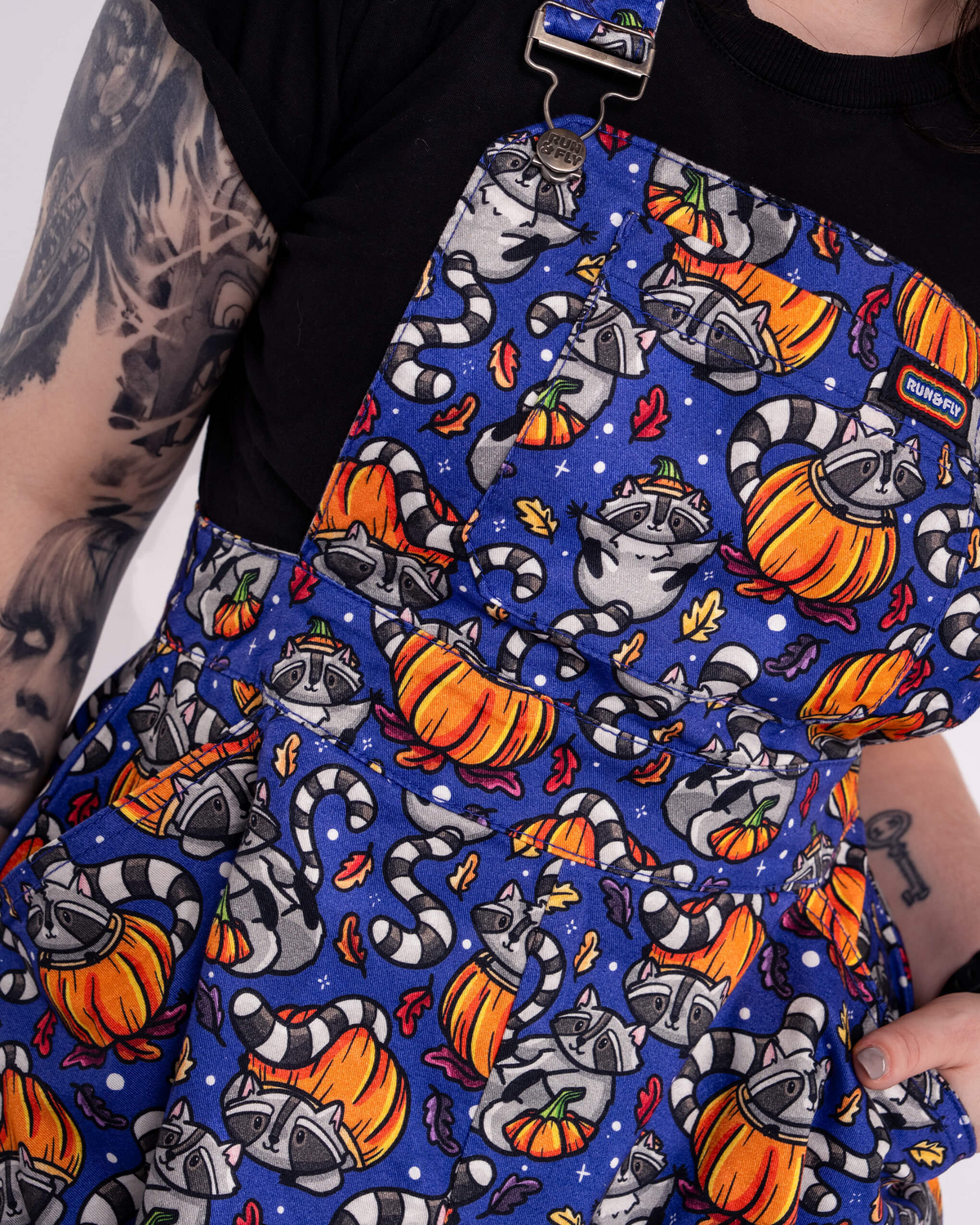 Run and Fly Pumpkin Raccoons Print Flared Pinafore Dress