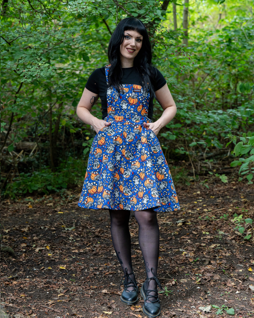 Run and Fly Pumpkin Raccoons Print Flared Pinafore Dress