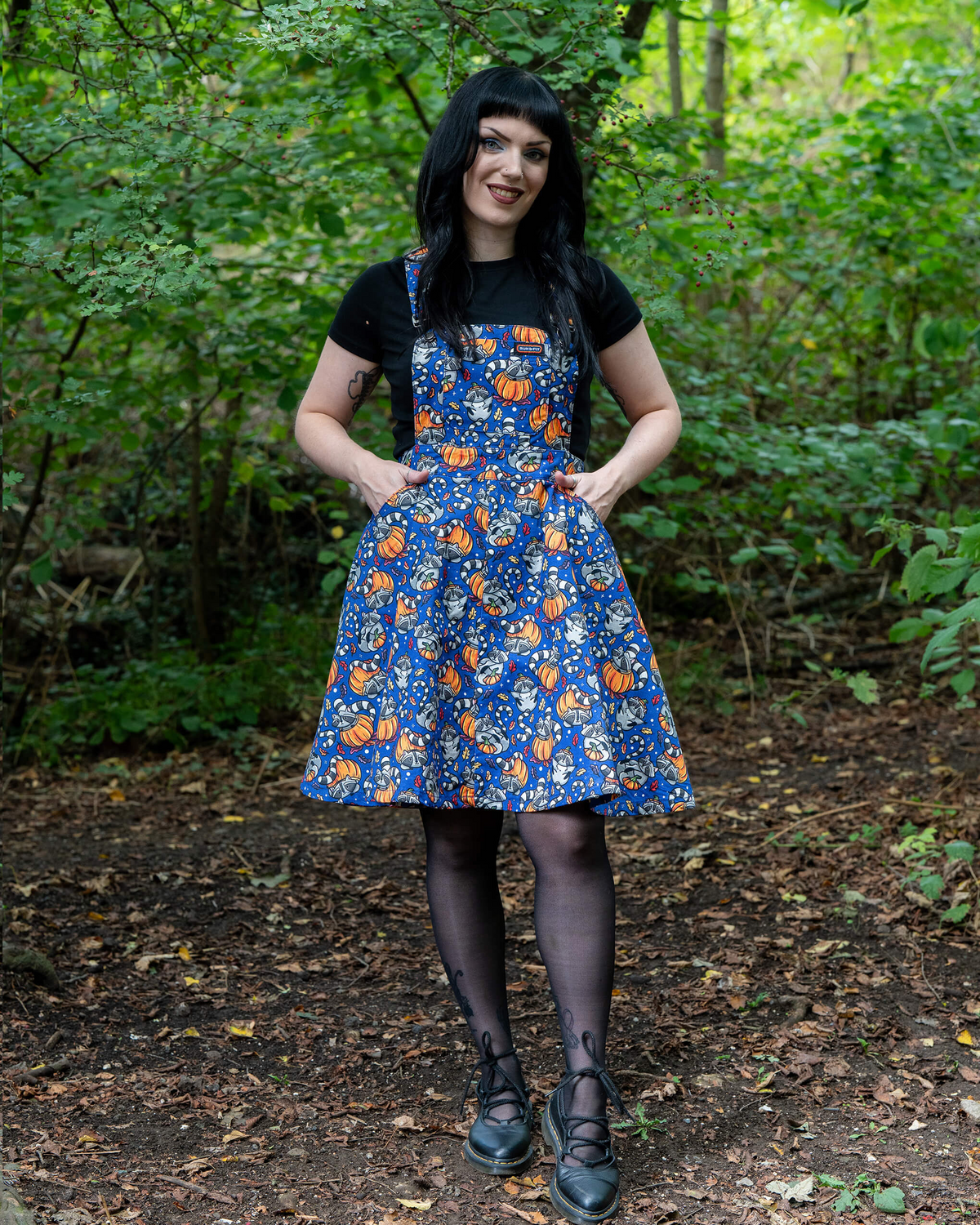Run and Fly Pumpkin Raccoons Print Flared Pinafore Dress