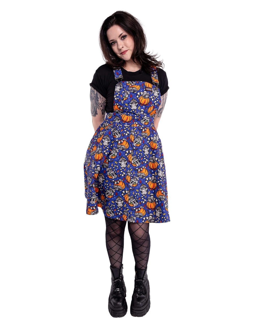 Run and Fly Pumpkin Raccoons Print Flared Pinafore Dress