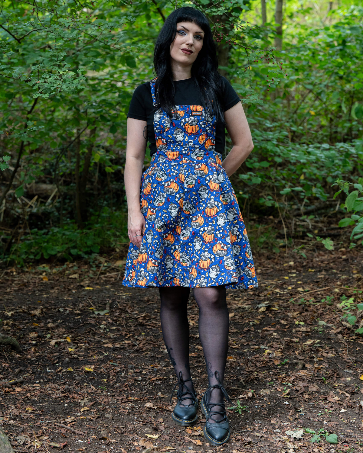Run and Fly Pumpkin Raccoons Print Flared Pinafore Dress