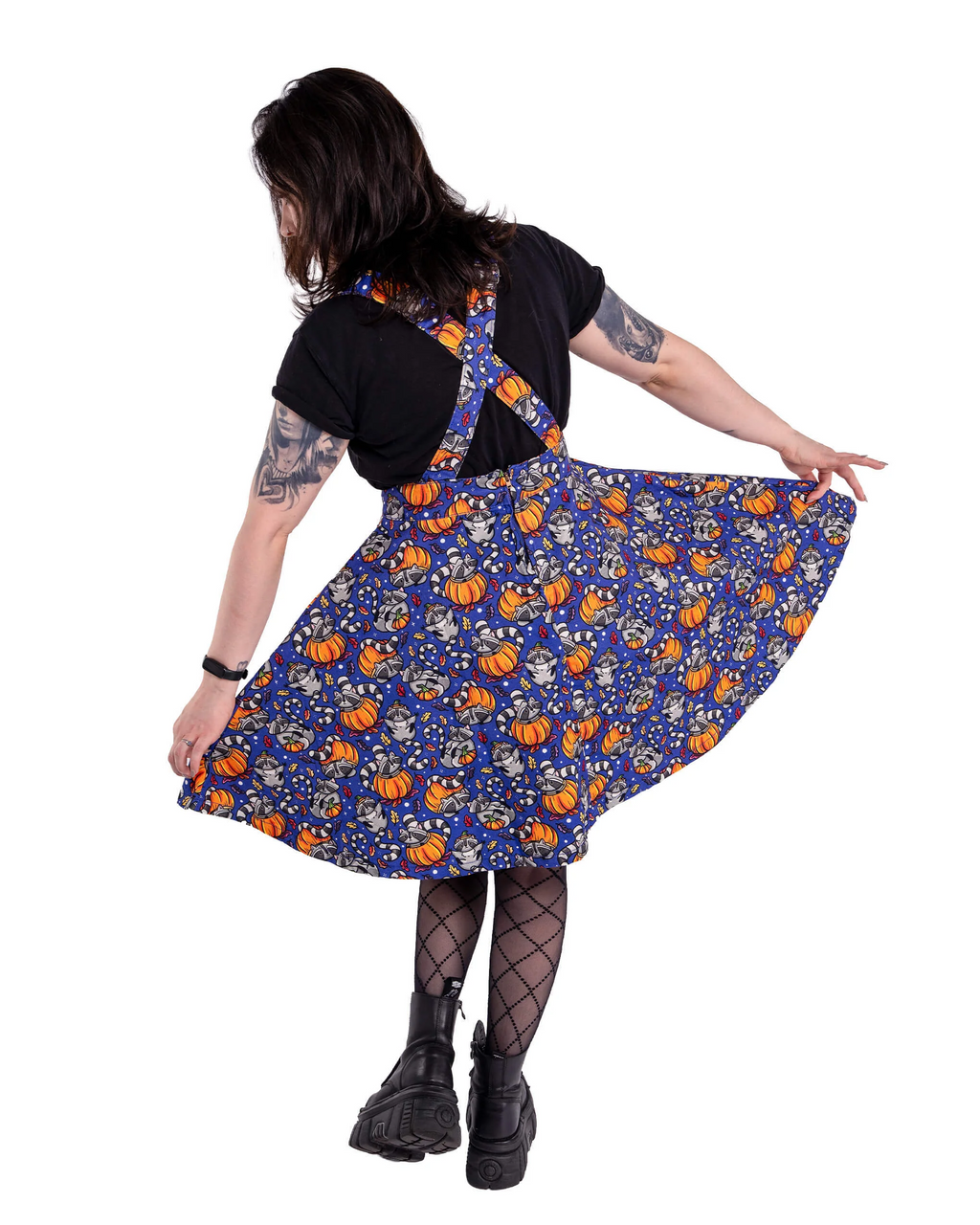 Run and Fly Pumpkin Raccoons Print Flared Pinafore Dress