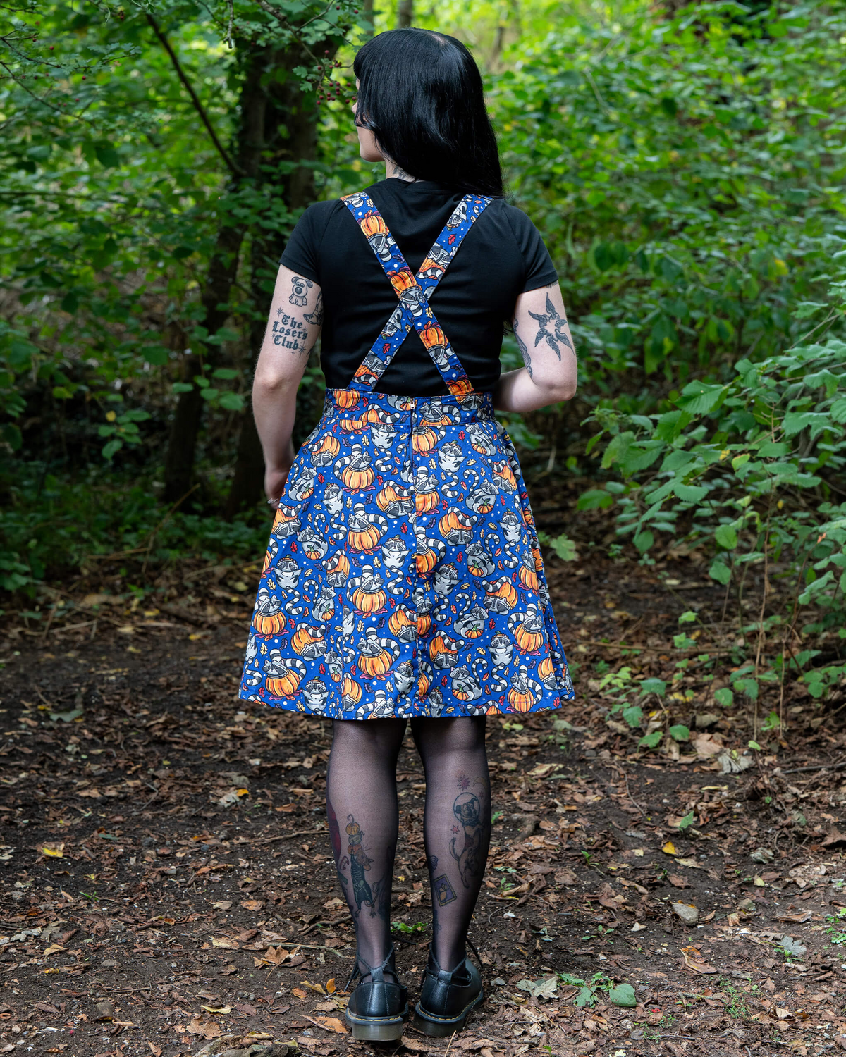 Run and Fly Pumpkin Raccoons Print Flared Pinafore Dress