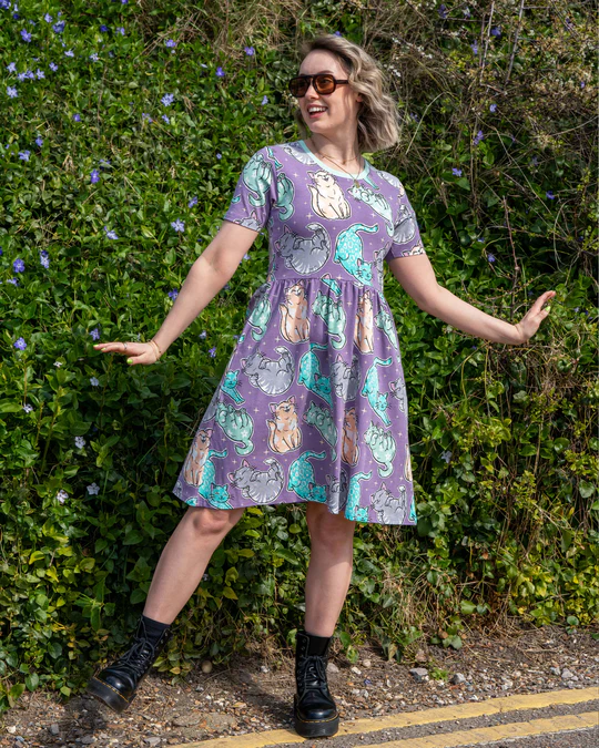 Purrfect Cats Print Smock Dress with Pockets by Rebel Romance
