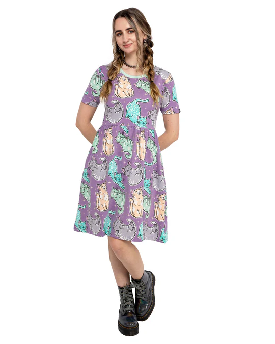 Purrfect Cats Print Smock Dress with Pockets by Rebel Romance