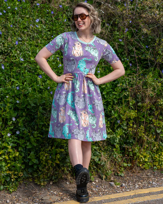 Purrfect Cats Print Smock Dress with Pockets by Rebel Romance