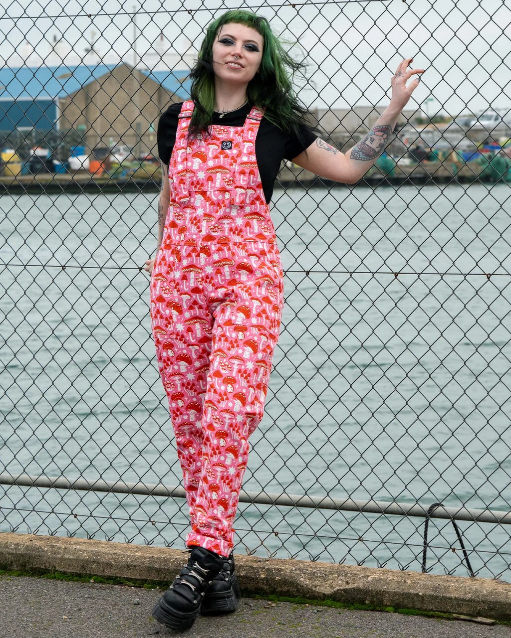 Mushrooms Stretch Cotton Dungarees by Rebel Romance