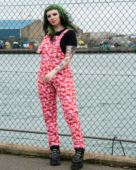 Mushrooms Stretch Cotton Dungarees by Rebel Romance