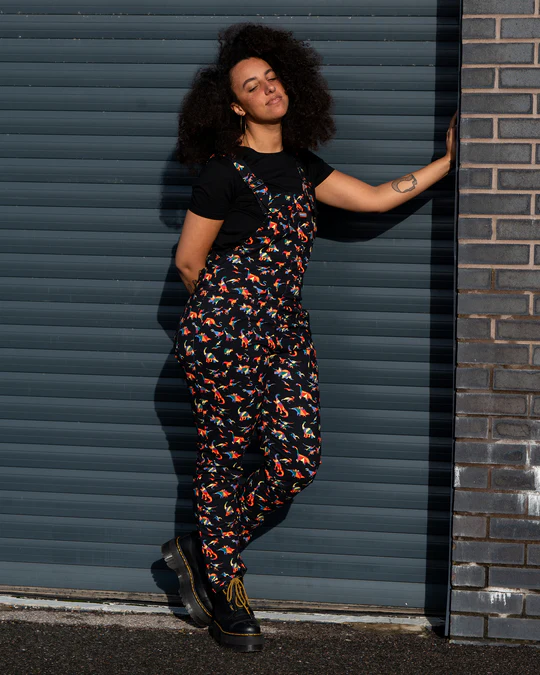 Black Rainbow Dinosaur Stretch Twill Dungarees by Run and Fly