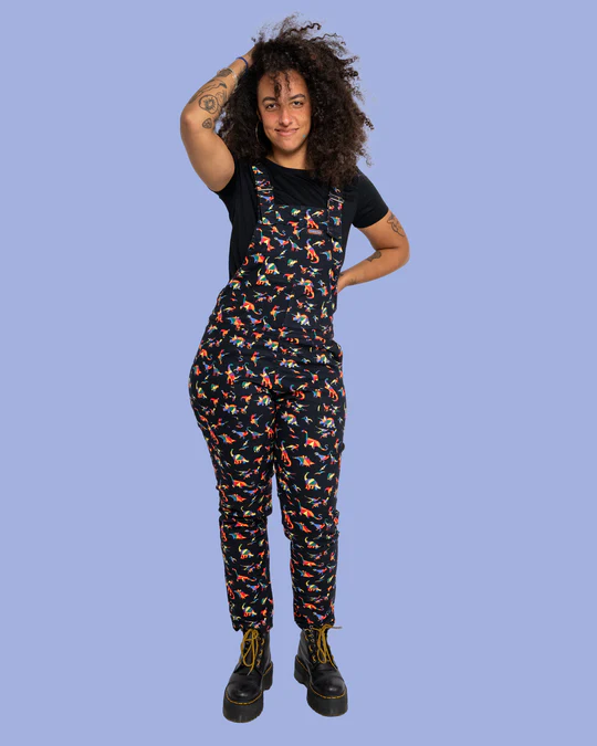 Black Rainbow Dinosaur Stretch Twill Dungarees by Run and Fly