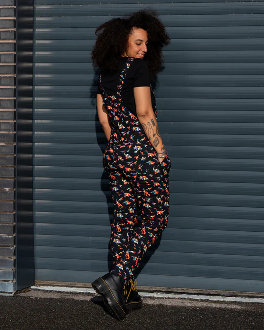 Black Rainbow Dinosaur Stretch Twill Dungarees by Run and Fly