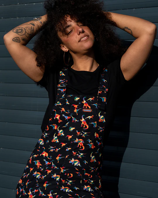 Black Rainbow Dinosaur Stretch Twill Dungarees by Run and Fly
