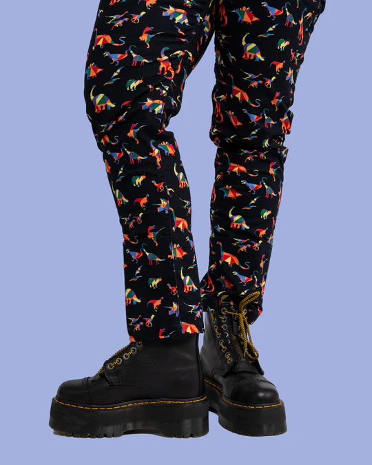 Black Rainbow Dinosaur Stretch Twill Dungarees by Run and Fly