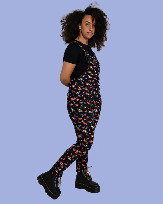 Black Rainbow Dinosaur Stretch Twill Dungarees by Run and Fly