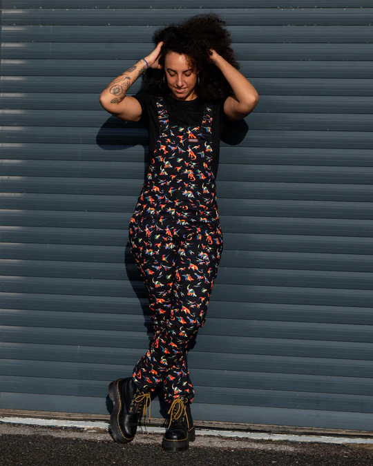 Black Rainbow Dinosaur Stretch Twill Dungarees by Run and Fly