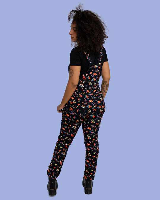 Black Rainbow Dinosaur Stretch Twill Dungarees by Run and Fly