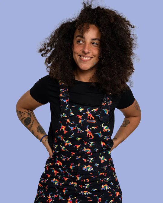 Black Rainbow Dinosaur Stretch Twill Dungarees by Run and Fly
