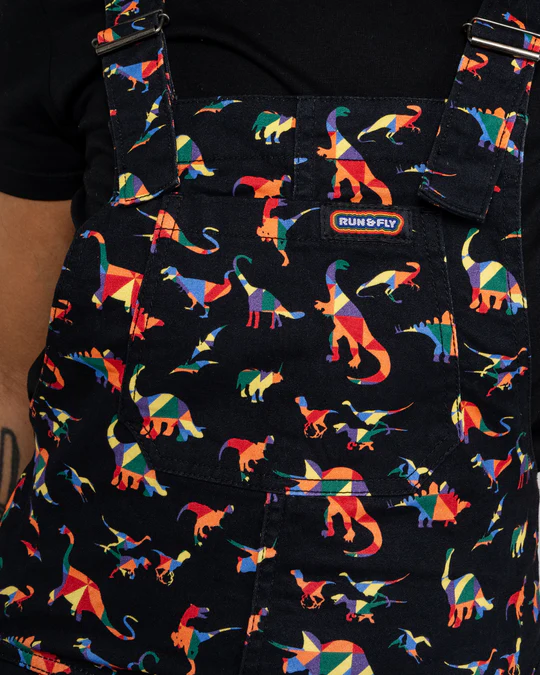 Black Rainbow Dinosaur Stretch Twill Dungarees by Run and Fly