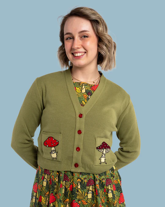 Green Mushroom Cardigan by Run and Fly X Katie Abey