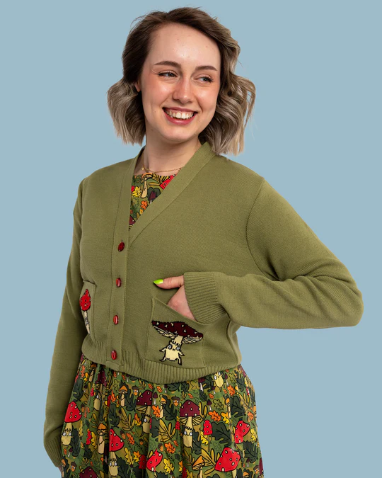 Green Mushroom Cardigan by Run and Fly X Katie Abey