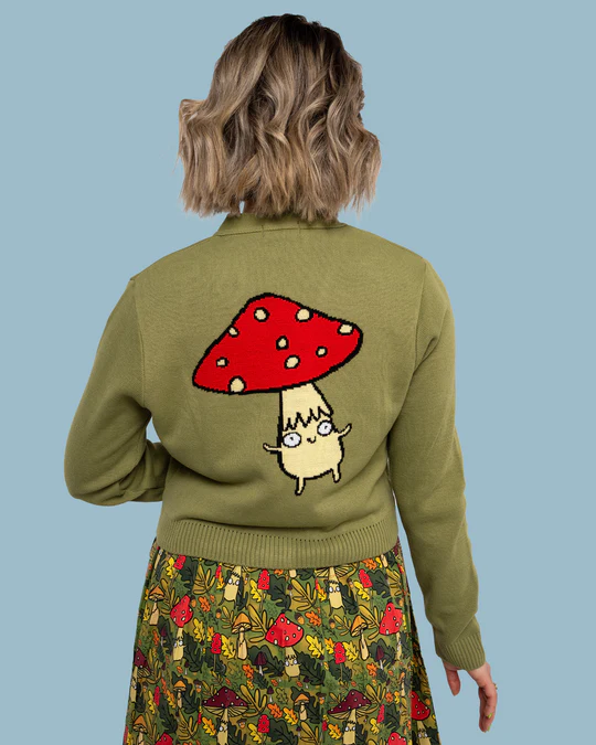 Green Mushroom Cardigan by Run and Fly X Katie Abey